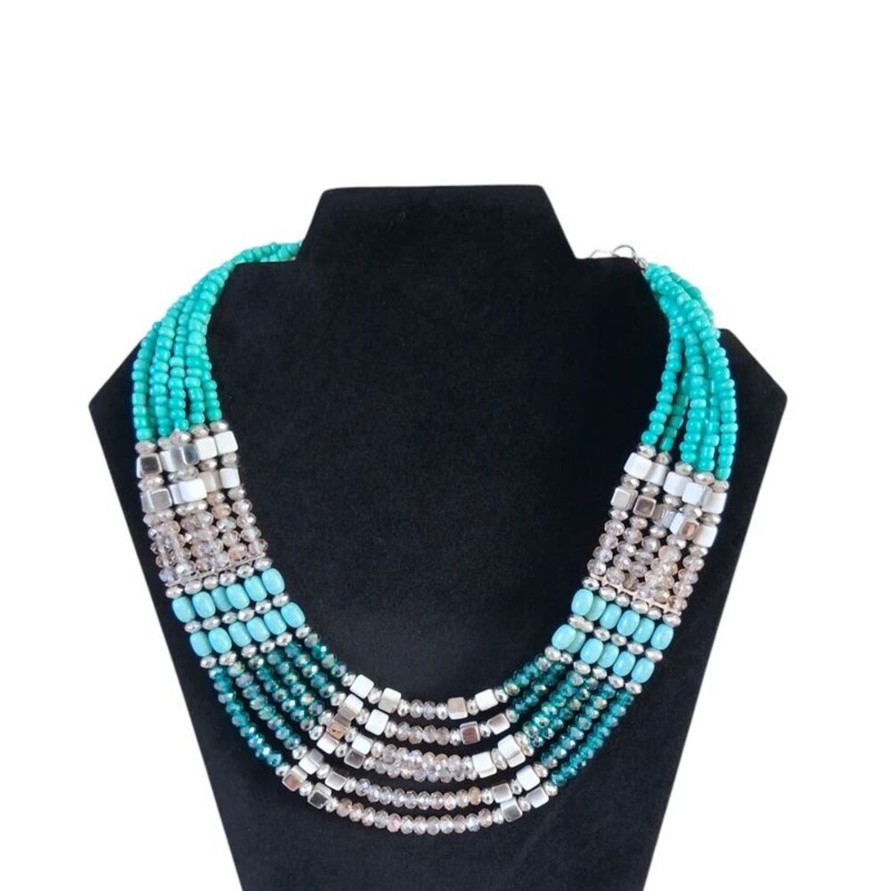Turquoise Blue Silver Assorted Beaded Multistrand Layered Statement Necklace